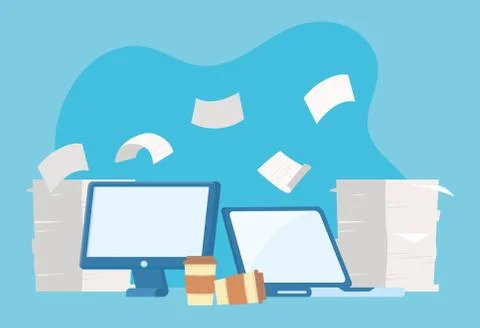 Stress at work, computer laptop and stack of papers coffee cups Stock Illustration