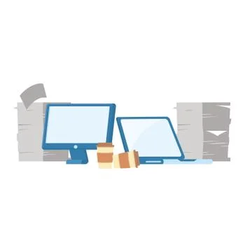 Stress at work, computer laptop and stack of papers coffee cups Stock Illustration