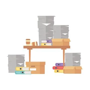 Stress at work, desk coffee cups pile of papers and binders and boxes Stock Illustration