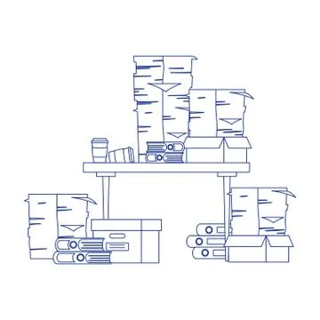 Stress at work, desk coffee cups pile of papers and binders and boxes Illustrazione stock