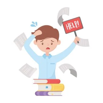 Stress at work, employee with help placard books falling papers Stock Illustration
