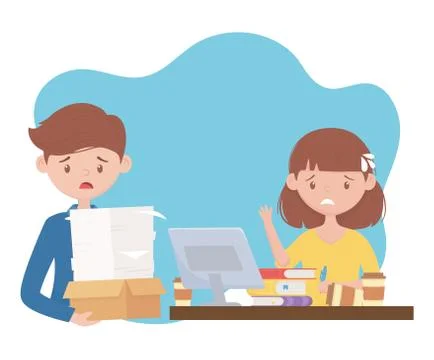 Stress at work, employee stressed working with laptop pile of papers in desk Stock Illustration