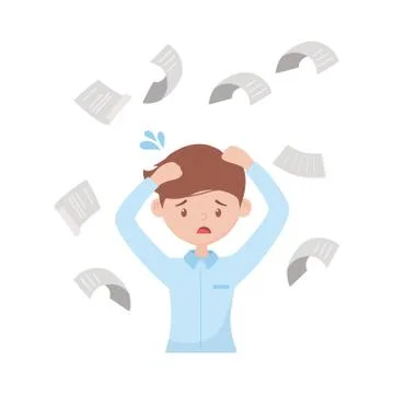 Stress at work, exasperated worker falling papers and documents Stock Illustration