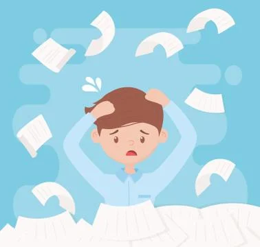 Stress at work, exasperated worker piles of papers and documents イラスト素材