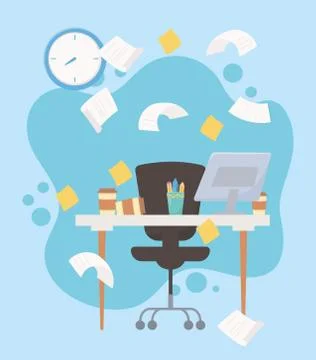 Stress at work, falling papers desk chair computer clock sticky notes and clock Stock-Illustration