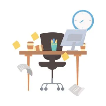Stress at work, falling papers desk chair computer clock sticky notes and clock Stock-Illustration