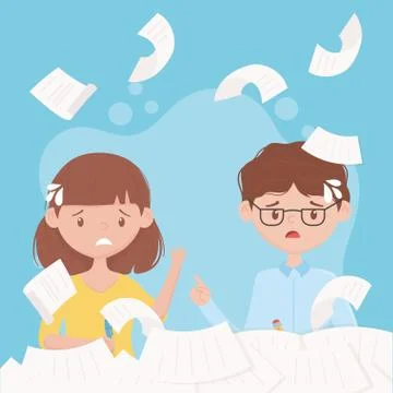 Stress at work, falling papers worried employees working Stock Illustration