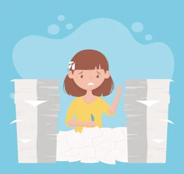 Stress at work, female worker with overload paperwork Stock Illustration