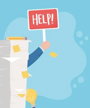 Stress at work, hand holding help placard pile of papers and sticky notes Illustrazione stock