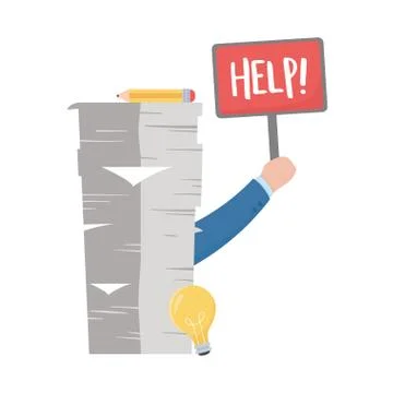 Stress at work, hand holding help placard pile of papers and sticky notes Stock Illustration