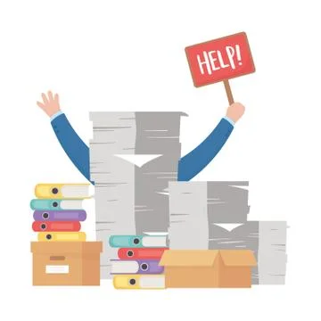 Stress at work, hand holding help placard pile of papers and sticky notes Stock Illustration
