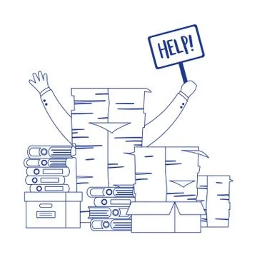 Stress at work, hand holding help placard pile of papers and sticky notes Illustrazione stock