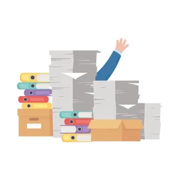 Stress at work, hand pile of papers and many binders and boxes Stock Illustration