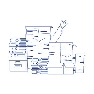 Stress at work, hand pile of papers and many binders and boxes Stock Illustration