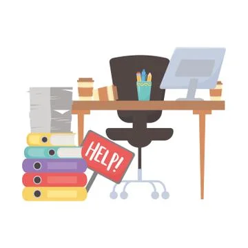 Stress at work, help placard office desk and many papers Stock Illustration