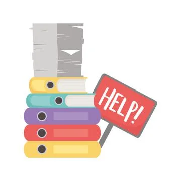Stress at work, help placard pile of papers and binders books office イラスト素材