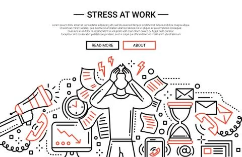 Stress at work - line flat design website banner Stock Illustration