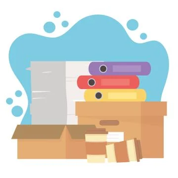 Stress at work, office pile of papers in box binder and coffee cups Illustrazione stock