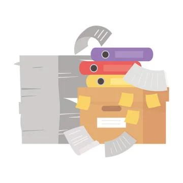 Stress at work, office stack of documents box with binders Stock Illustration
