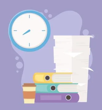 Stress at work, pile of papers binders coffee cup and clock イラスト素材