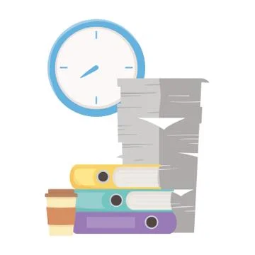 Stress at work, pile of papers binders coffee cup and clock イラスト素材