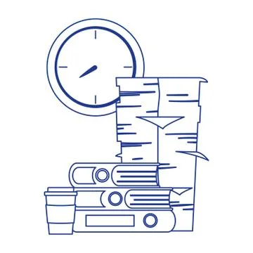 Stress at work, pile of papers binders coffee cup and clock イラスト素材