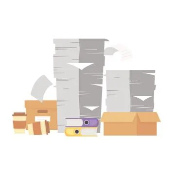 Stress at work, stack of documents and books boxes and coffee cups Stock Illustration