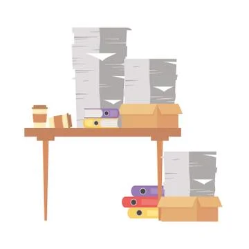 Stress at work, stacked of papers binder book cardboard boxes coffee cups and 스톡 일러스트