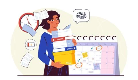 Stress at work. Woman with stack of papers near clocks and calendar. Poor time Stockillustratie