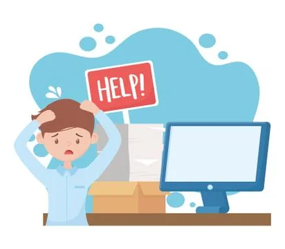 Stress at work, worried man with help board computer documents stack Stock Illustration