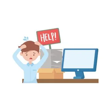 Stress at work, worried man with help board computer documents stack Stock Illustration