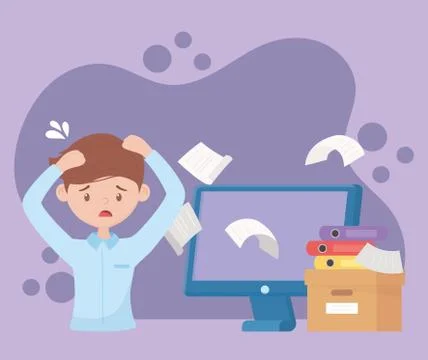 Stress at work, worried worker falling papers computer box filled books Illustrazione stock