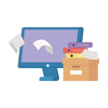 Stress at work, worried worker falling papers computer box filled books Stock Illustration