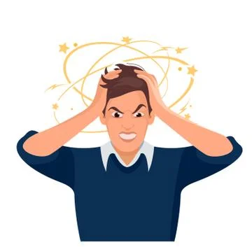 Stressed and frustrated man squeezing head with hands. Vector Stock Illustration