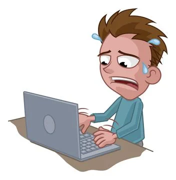 Stressed Anxious Man Using Laptop Cartoon Illustrazione stock