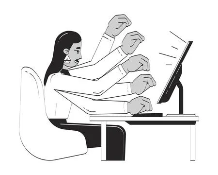 Stressed arab woman working on computer doodle linear character Stock Illustration