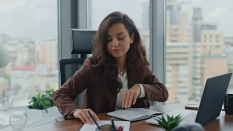 Stressed business lady busy of work sitting office desk close up. Tired woman. Stock Footage 227955897