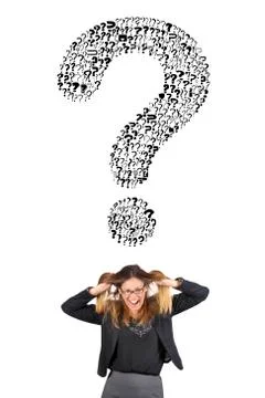 Stressed business woman pulling hair, big question mark above. Stock Photos