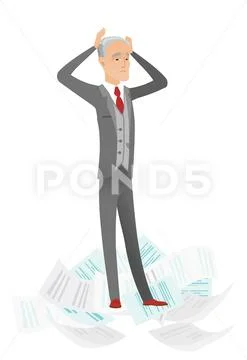 Stressed businessman having lots of work to do. Stock Illustration
