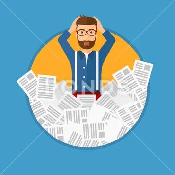 Stressed businessman having lots of work to do. Stock Illustration