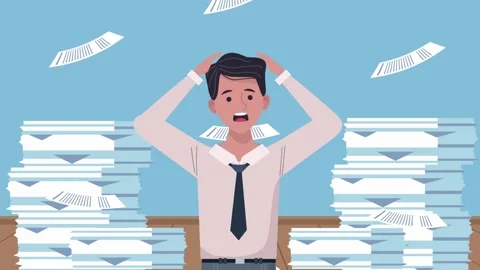 Stressed businessman overworked with piles of documents in office environment Video stock 338425383