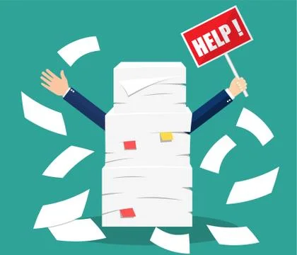 Stressed businessman under pile of office papers Illustrazione stock