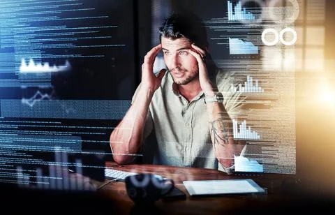 Stressed computer engineer reading code, cgi data and making mistake while 写真素材