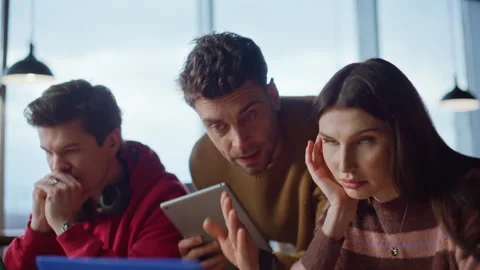 Stressed coworkers discussing problem working on startup in office closeup. Stock Footage 340108204