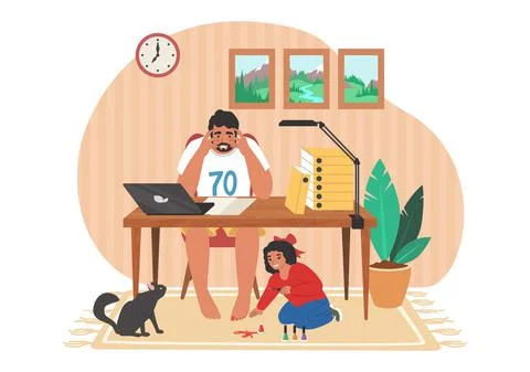 Stressed dad working on computer while naughty kid preventing him doing his work Illustrazione stock