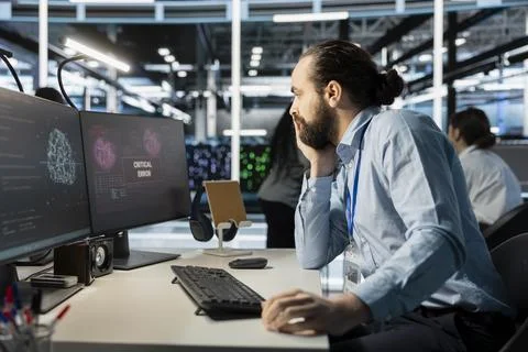 Stressed data center IT expert perturbed by AI systems uptime issues warnings Foto stock