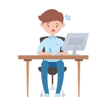 Stressed employee working with computer in desk isolated design Stock Illustration