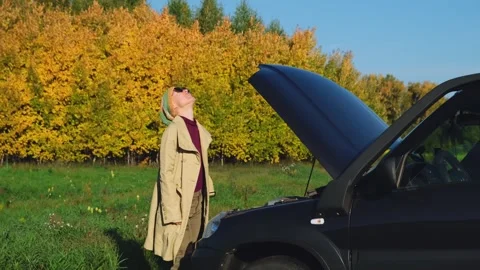 Stressed female driver having traffic accident in wildness. Stockbeeldmateriaal 251541086