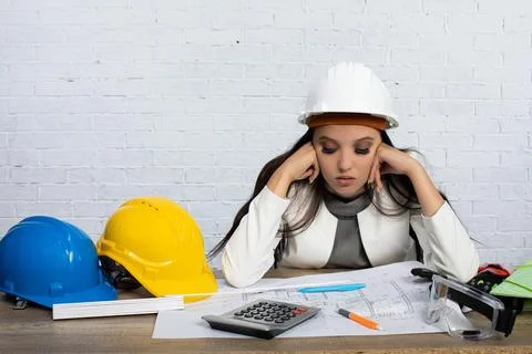 A stressed female engineer diligently working on complex construction plans at 스톡 사진