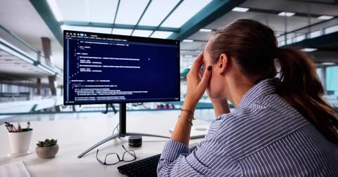 Stressed Female Programmer Fixes Broken Computer System In Office Foto stock